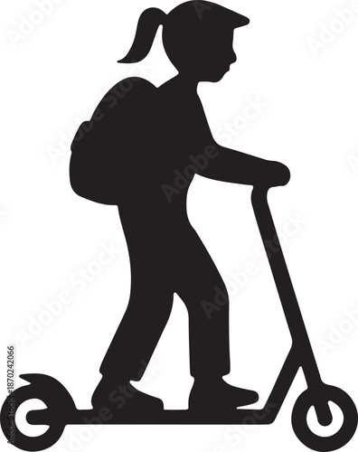 Girl on kick scooter with backpack icon for active transportation or student commuting