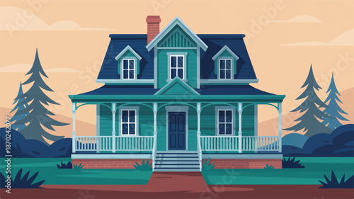 A stylized illustration of a two-story Victorian house in a teal blue color scheme.