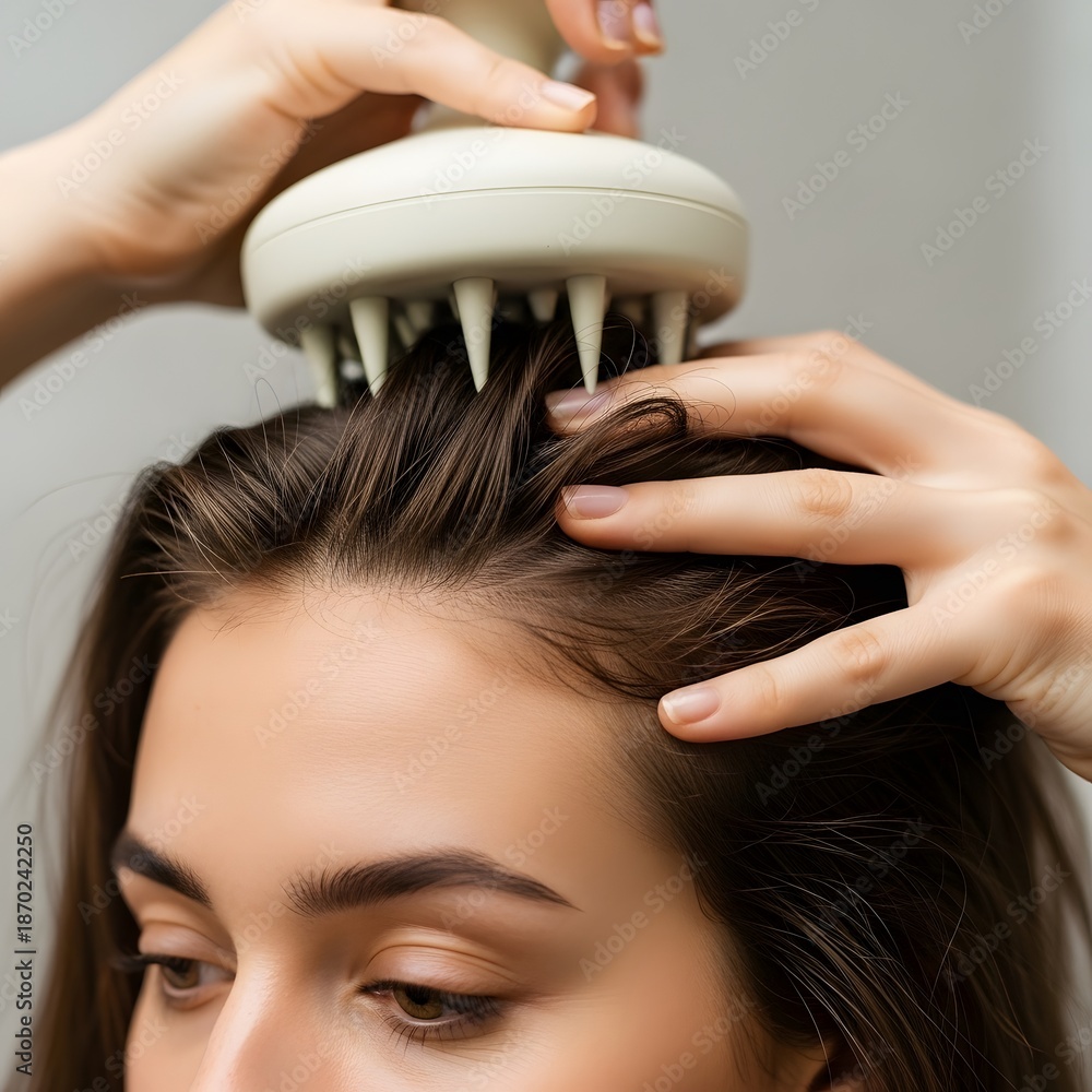 Naklejka premium Young woman using a silicone scalp massager on her brown hair for relaxation and healthy hair growth.