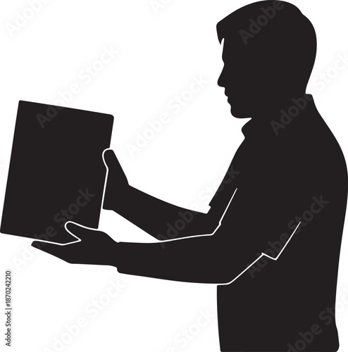 Man holding a box silhouette, person carrying a package for delivery or moving services concept