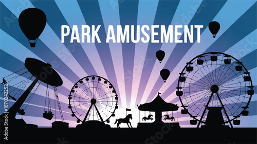 A stylized silhouette illustration of an amusement park at dusk. 
