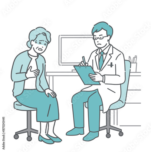 体調不良を訴える高齢女性と男性医師（白衣・救急・循環器）