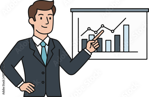 man Business Data Explanation, Explaining Chart, Presentation Graph Concept Flat Cartoon Illustration Style