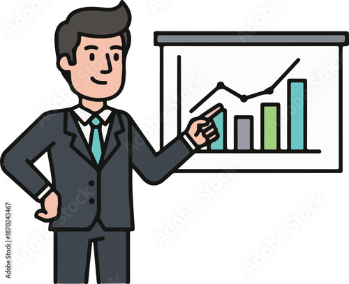 man Business Data Explanation, Explaining Chart, Presentation Graph Concept Flat Cartoon Illustration Style
