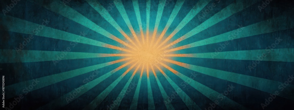 Fototapeta premium Abstract sunburst design with a warm orange center emitting blue rays on a textured dark background, evoking a vintage or retro feel