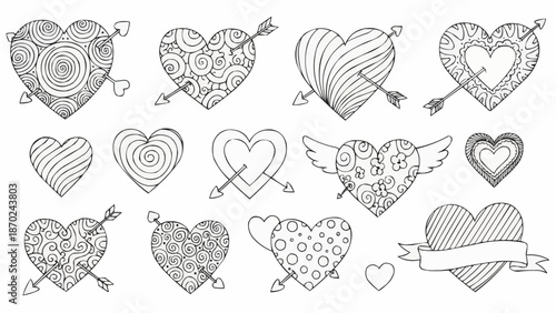 Collection of Hand Drawn Hearts with Arrows and Wings.