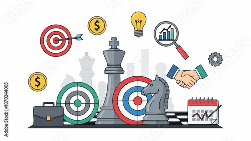 Business strategy and planning concept with chess pieces and targets.