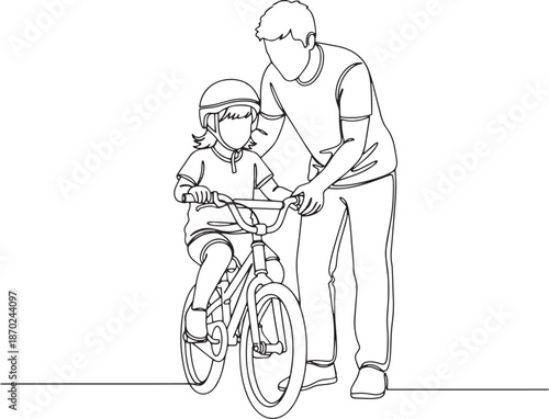 Father helping daughter ride a bicycle line art, isolated vector.