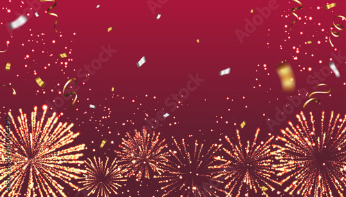 Golden fireworks and confetti explosion on red background illustration
