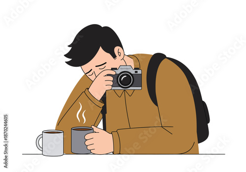 Focused Photographer Enjoying Coffee Break.