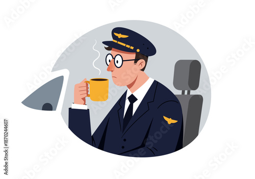 Airline Pilot Taking Coffee Break.