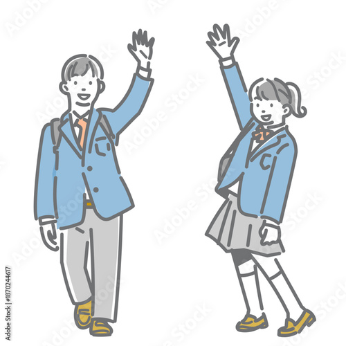 笑顔で手を振る高校生　シンプルでお洒落な線画イラスト