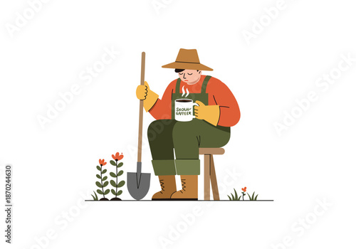 Farmer Enjoying Coffee Break During Gardening.