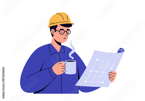 Focused Engineer Reviewing Blueprints.