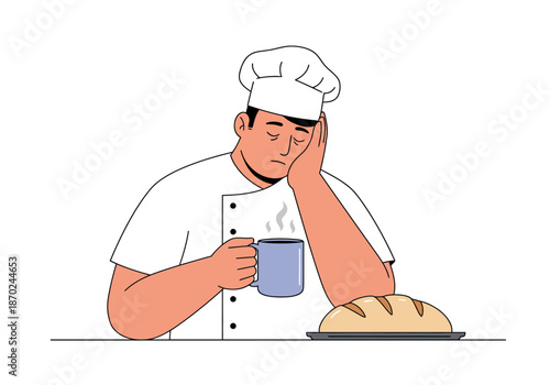 Tired Baker Takes Coffee Break with Fresh Bread.