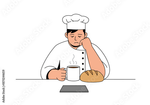 Tired Baker Taking a Break with Coffee and Bread.