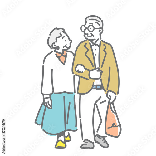 春のお散歩を楽しむシニア夫婦 シンプルでお洒落な線画イラスト