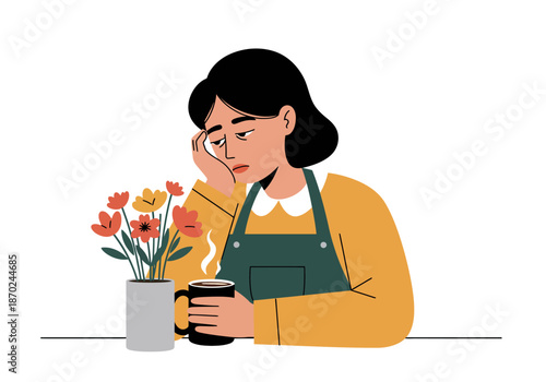 Tired Woman with Mug and Flowers.
