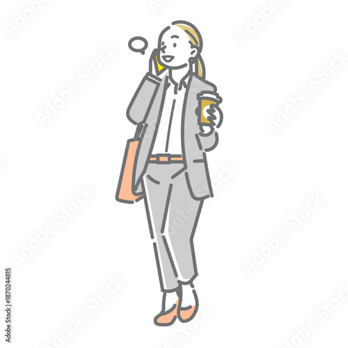 さわやかな気持ちで出勤する笑顔の女性　シンプルでお洒落な線画イラスト