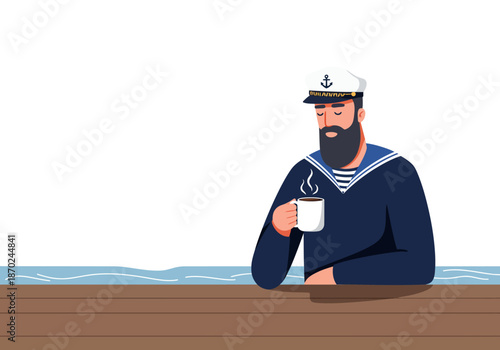 Bearded Sailor Relaxes with a Warm Drink by the Sea.