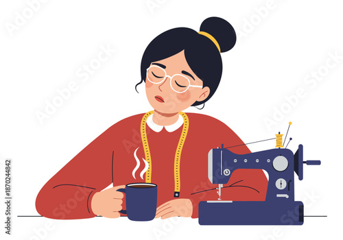 Tired Seamstress Taking a Coffee Break.