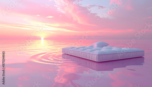 Floating Mattress on Calm Ocean at Sunset