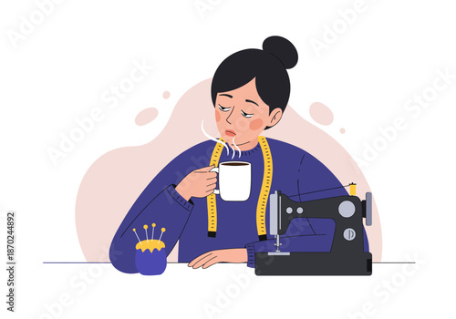 Seamstress taking a coffee break at her sewing machine.