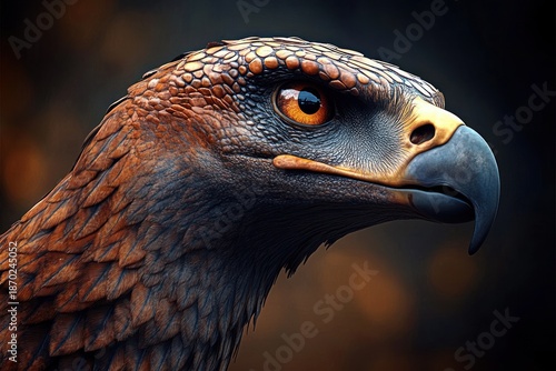 Close-up profile of a brown raptor with textured scales and feathers, piercing amber eye and hooked beak, intense majestic and focused expression