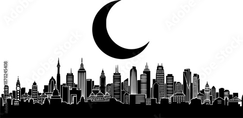 crescent moon over city skyline elegant black and white silhouette for nighttime urban designs website headers and ramadan greetings
