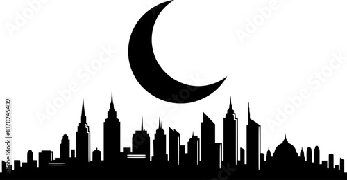 crescent moon over city skyline elegant black and white silhouette for nighttime urban designs website headers and ramadan greetings
