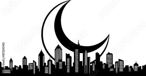 crescent moon over city skyline elegant black and white silhouette for nighttime urban designs website headers and ramadan greetings
