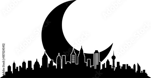 crescent moon over city skyline elegant black and white silhouette for nighttime urban designs website headers and ramadan greetings

