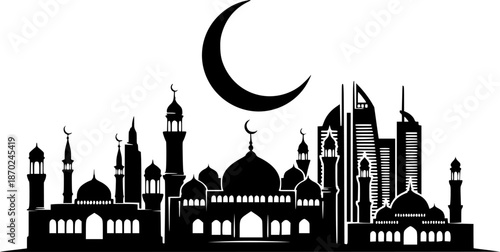 Elegant black and white skyline silhouette with crescent moon, perfect for sophisticated designs and minimalist concepts about the Middle East and travel