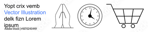 Time management, e-commerce, spiritual faith, deadlines, online shopping, productivity. Features praying hands, a clock and a shopping cart. Time management and e-commerce
