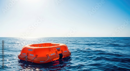 A life raft floating in the ocean.