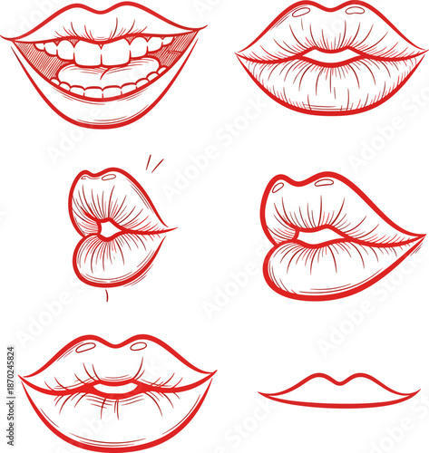 Vibrant red lip illustrations in various expressions and styles