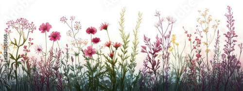 row of delicate wildflowers and tall grasses in soft pastel watercolor with pink and purple blooms against a pale sky, evoking calm and gentle serenity