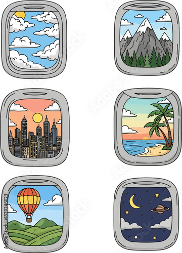 Airplane window views of various landscapes and cityscapes