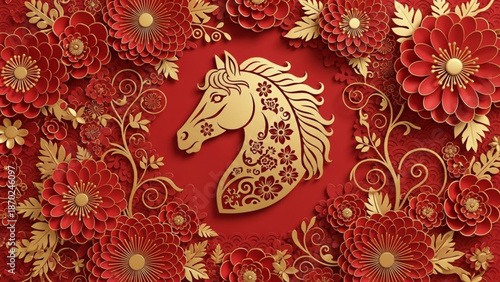 Chinese New Year Lunar New Year Year of the Horse Golden Horse Head Surrounded by Red Flowers and Ornate Patterns Celebrating Chinese New Year