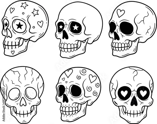 Set of six unique skull designs with heart and star patterns