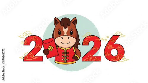 Chinese New Year Lunar New Year Year of the Horse 2026! Adorable cartoon horse character in traditional red attire holding a red envelope, celebrating the Year of the Horse with festive clouds
