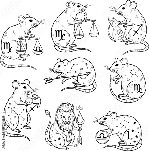Zodiac signs illustrated on mice in various poses and symbols