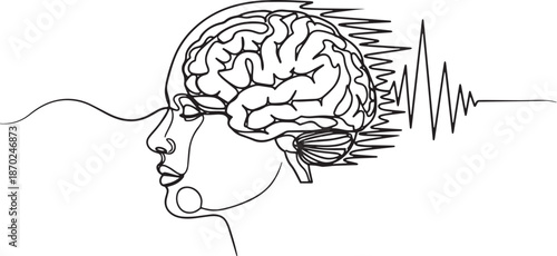 Line art of human profile with brain and frequency wave, isolated.