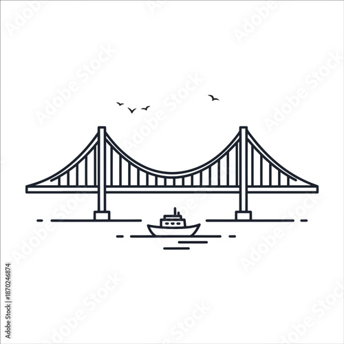Suspension bridge over water with boat sailing underneath