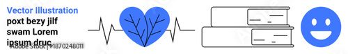 Wellness, education, knowledge sharing, personal growth, happiness, and health awareness. a heartbeat with a heart, books and a happy face. Wellness and education fusion concept