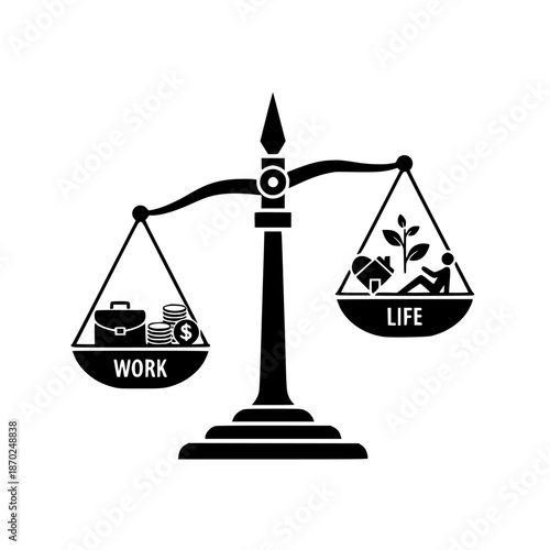 balance scale weighing work with money against life with nature and home