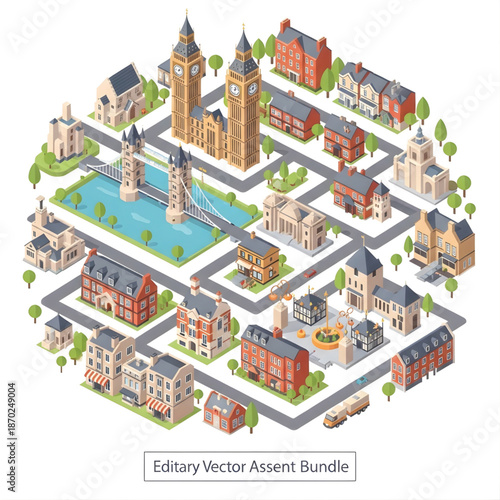 Stylized isometric city map featuring famous London landmarks, residential buildings, and infrastructure.