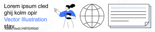 Professional communication, globalization, education, data management, digital tools, teamwork. Woman pointing with clipboard, globe and document. Communication and globalization concepts