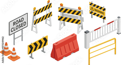 Isometric Road Construction Barriers and Closed Road Signage SetIsometric Road Construction Barriers and Closed Road Signage Set