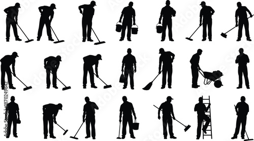 Cleaning worker silhouettes sweeping carrying buckets using tools isolated on white background janitor maintenance service modern vector illustration set